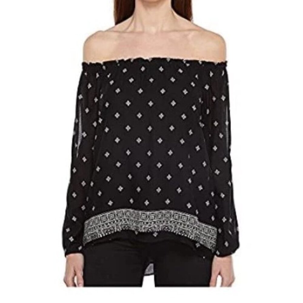 Sanctuary Women M Black White Chantel Floral Off Shoulder Long Sleeve Blouse Top